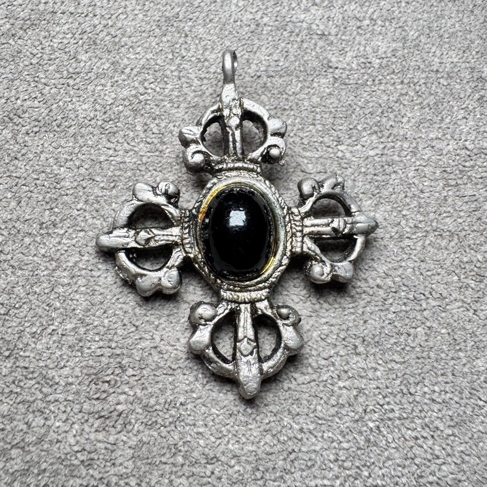 Vintage Silver Tone Gothic Cross Pendant with Black Stone Center